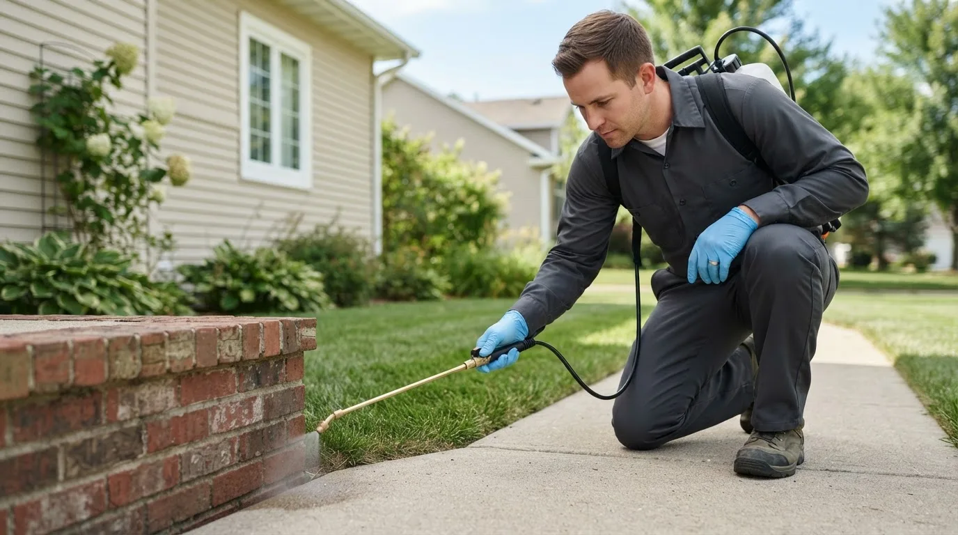 Pest control technician treating a home near Blanket, TX