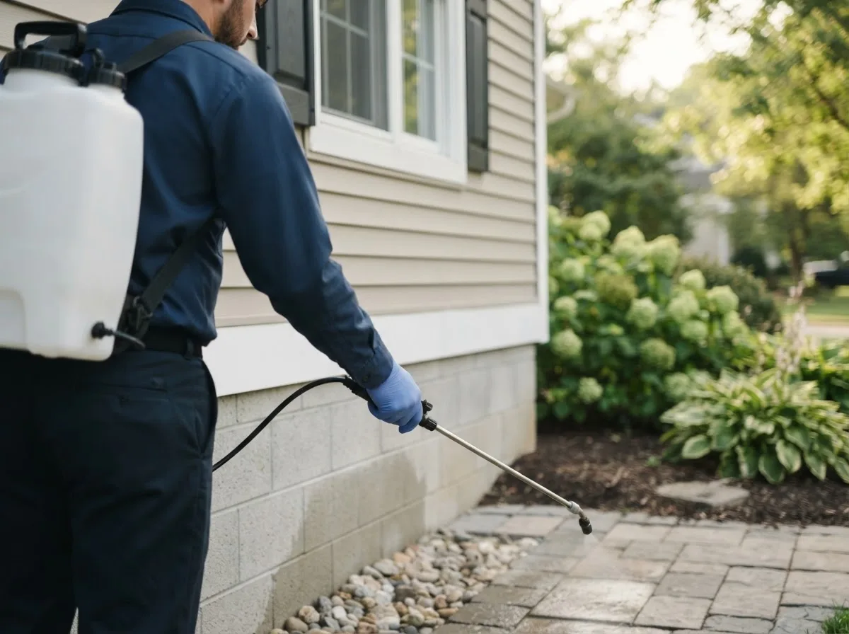 Pest control technician inspecting a home in Blanket, TX
